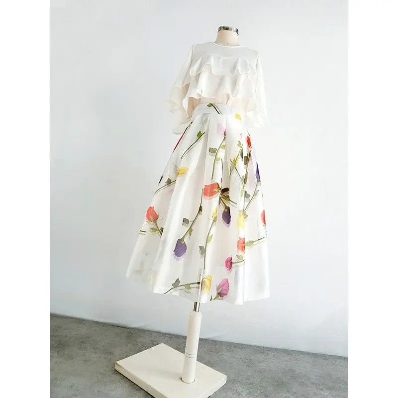 Fashion Elegant Women High Waist Ball Gown Skirt Casual Summer Korean Loose A-Line Floral Printed Skirt Female Clothing New