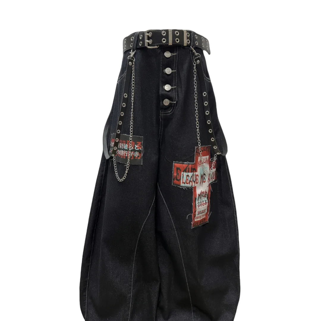 Unisex Original Weiya Patch Raw Denim Jeans American Dark Loose Wide Leg  Pants with Contrast Stitch Summer Style