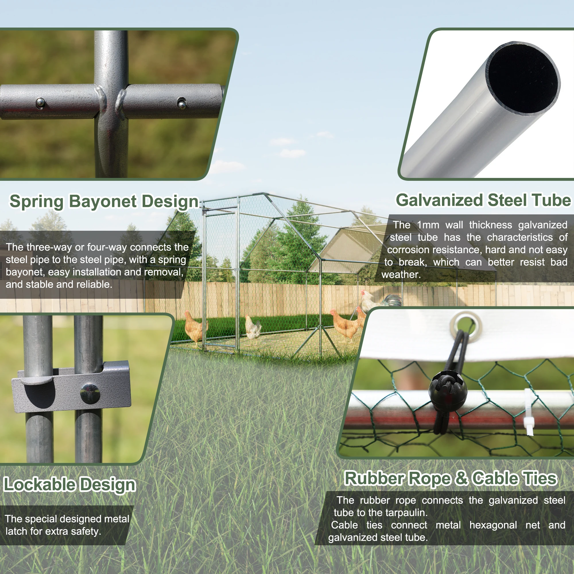 حظيرة دجاج معدنية كبيرة مع غطاء مقاوم للماء في الهواء الطلق المشي في قفص الدواجن الضميمة القلم لساحة المزرعة الفناء الخلفي
