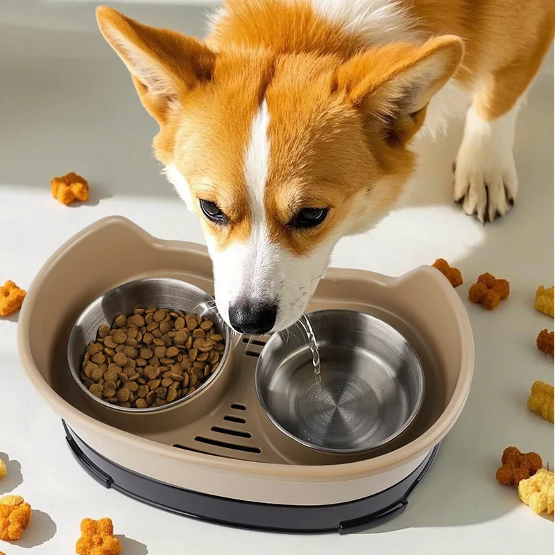 

Pet Stainless Steel Feeding Double Bowl Small Dog Automatic Drinking Bowl With Baffle, Anti Knock And Anti Slip Pet Feeding Bowl