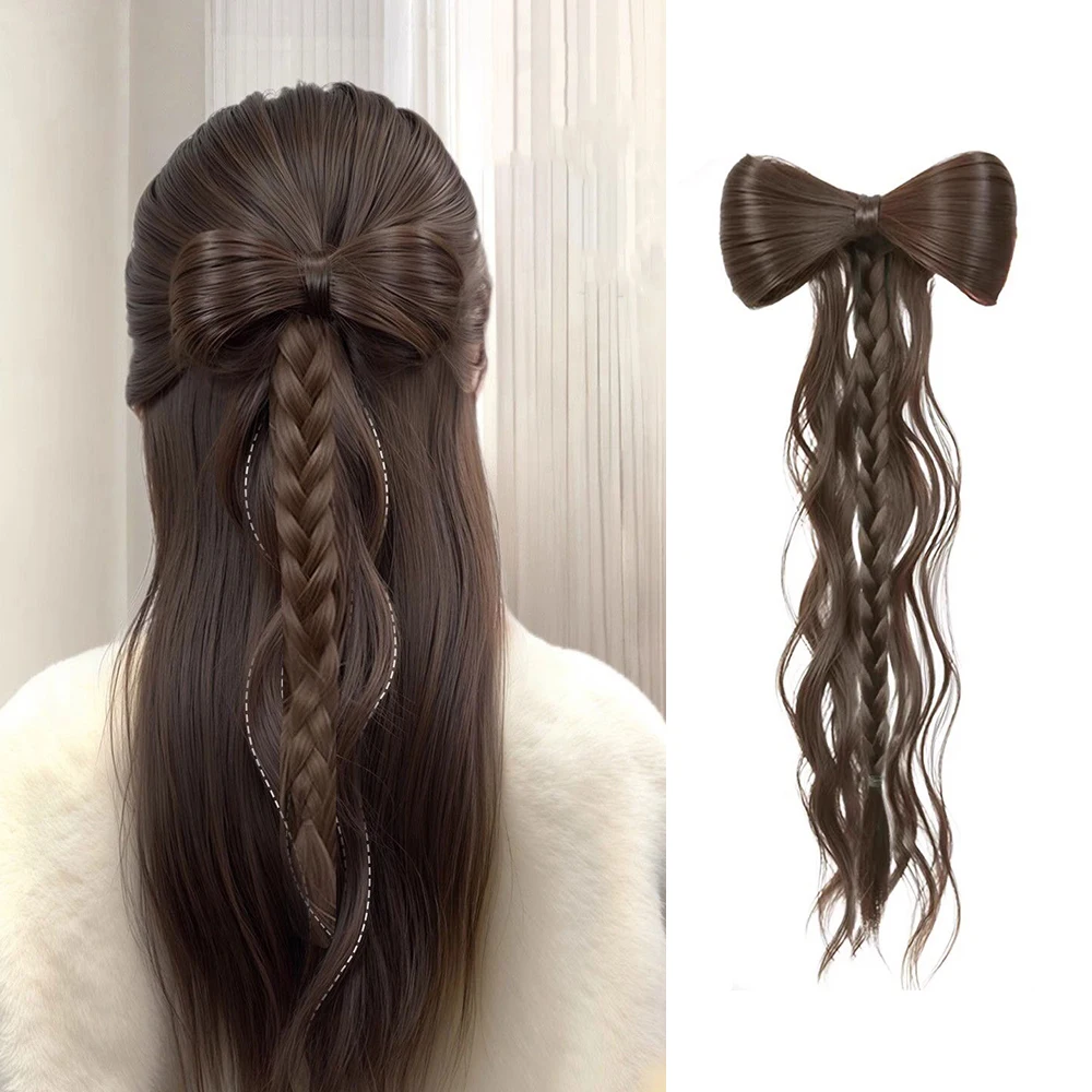 Synthetic Bow Half Tied Ponytail Fluffy Wavy Wig Braid Catch Clip Contract Ball Head Braid Fake Ponytail Extension for Women