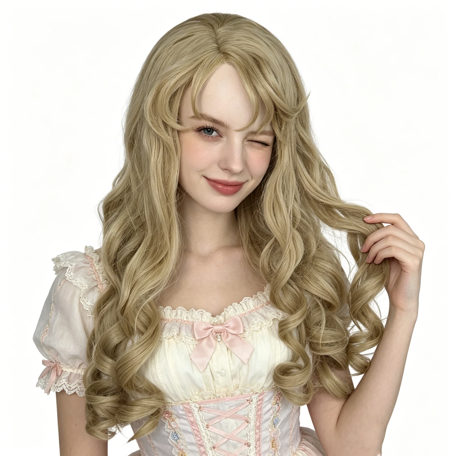 Women's Khaki Light Blonde Long Curly Synthetic Wig for Small Head, Princess Wig Cosplay Halloween for Daily Party