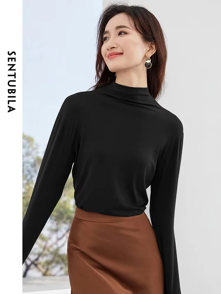 Sentubila t-Shirt a maniche lunghe con collo a lupetto per donna 2023 autunno inverno nuova camicia a fondo caldo solido top interni di base