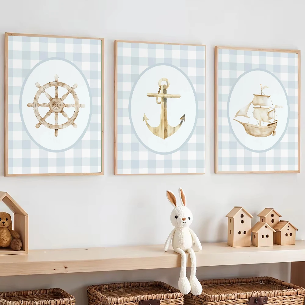 Küsten-Wandkunst im Blauen Streifen-Stil Anker Segelboot Leinwanddruck Kinderzimmer-Kunst Nautische Dekoration Cuadros