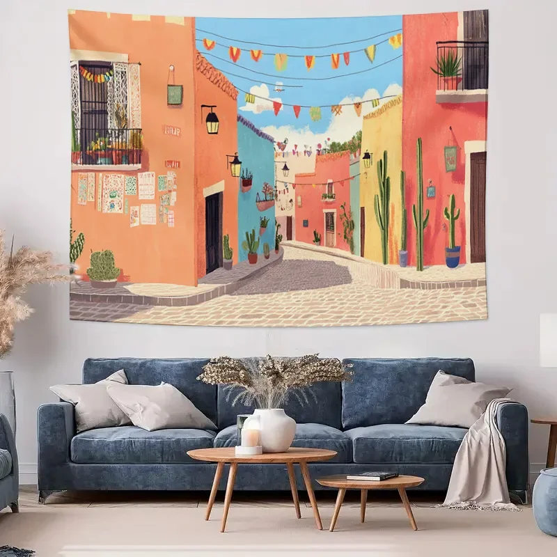 Colorful Mexican Street Scene Wall Tapestry Machine Washable All Season Decor Art Print Vibrant Desert Town Design Home