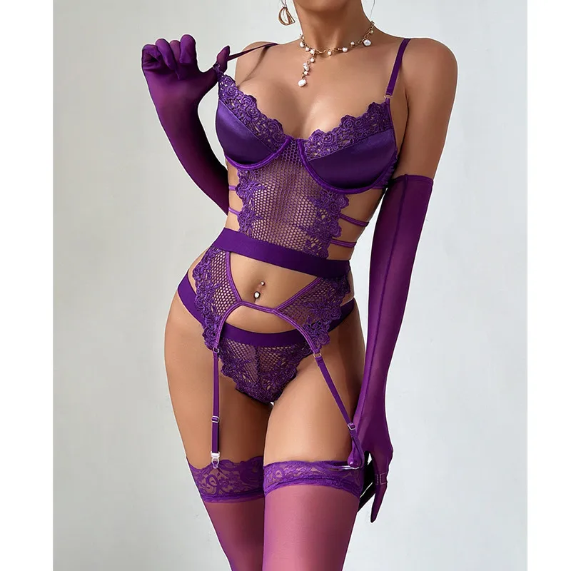 Purple Lace Sexy Lingerie Sets Women Sexy Underwear Embroidery Flower Exotic Apparel Bra Panty Gloves Set Couple Sex Clothes 18+