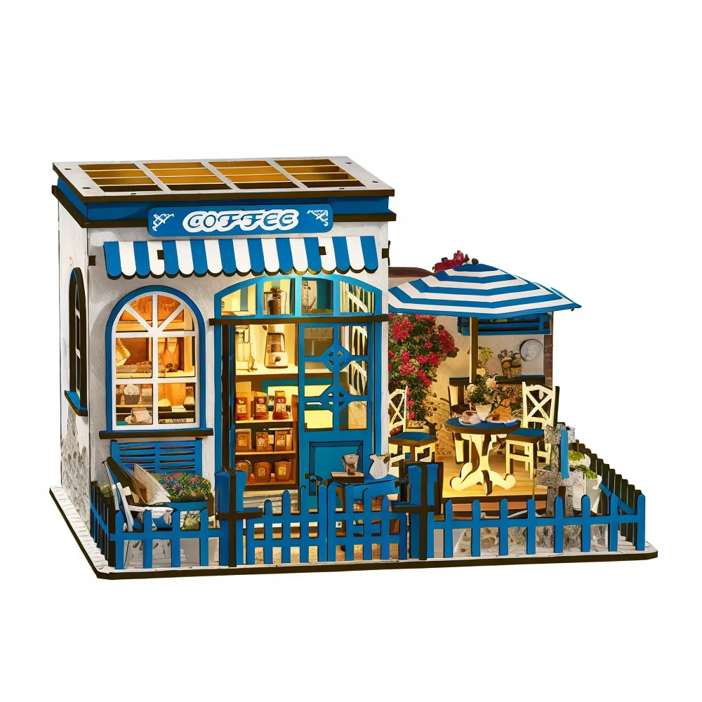 Good Quality Wooden Coffee Shop Model Creative Handmade Wooden 3D Puzzles Miniature Dollhouse Wooden DIY Miniature House Kit