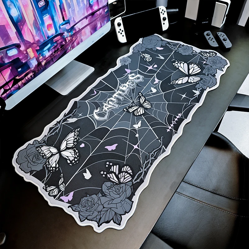 Grande kawaii gaming mouse pad preto borboleta design grande mesa de escritório tapete à prova de água antiderrapante acessórios de mesa para laptop