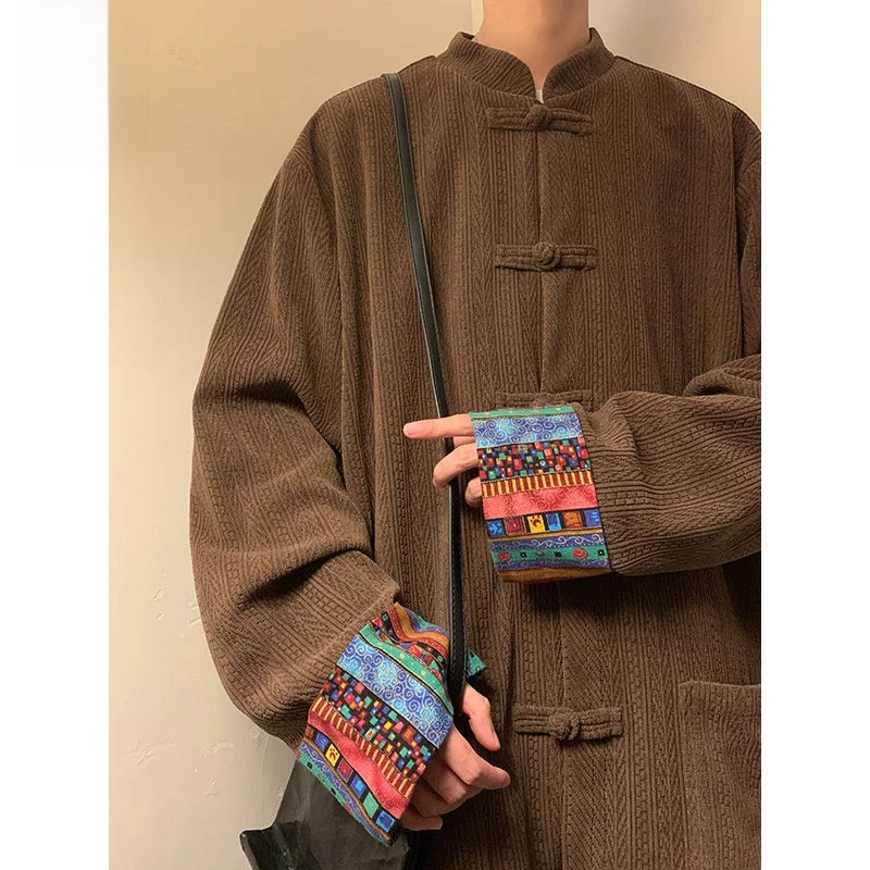 

Men's Autumn Winter Corduroy Jaet Loose Fit Zen Tea Sle New Chinese Ethnic Print Windproof Outerwear Polyester Fiber