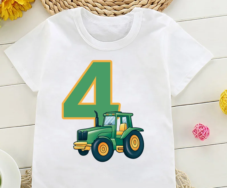 Bonito agricultor trator 1-8 anos de idade feliz aniversário t camisa crianças festa de aniversário presente engraçado t camisa topos