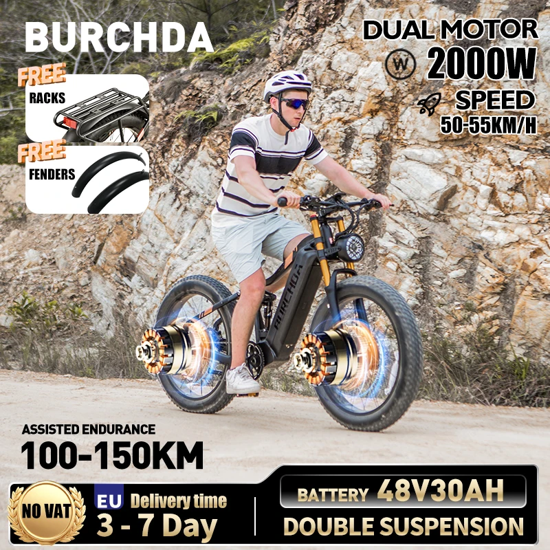 BURCHDA NEUE HC26 2000W 55KM/H Dual Motoren Elektrische Fahrrad 48V30AH Lithium-Batterie 26 Zoll 4,0 Fatbike elektrische Fahrrad Für Erwachsene