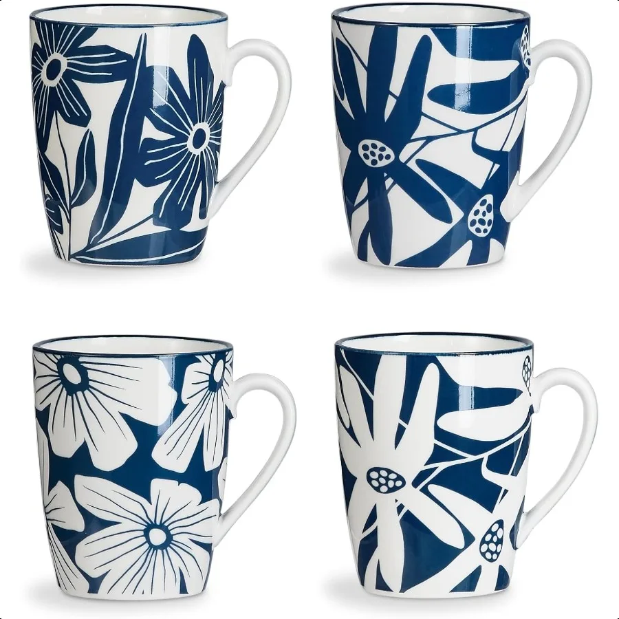 

Набор кофейных кружек ONEMORE из 4 керамических кофейных чашек на 12 унций с ручками, синяя кружка для латте, чая, какао, посудомоечная машина в микроволновой печи