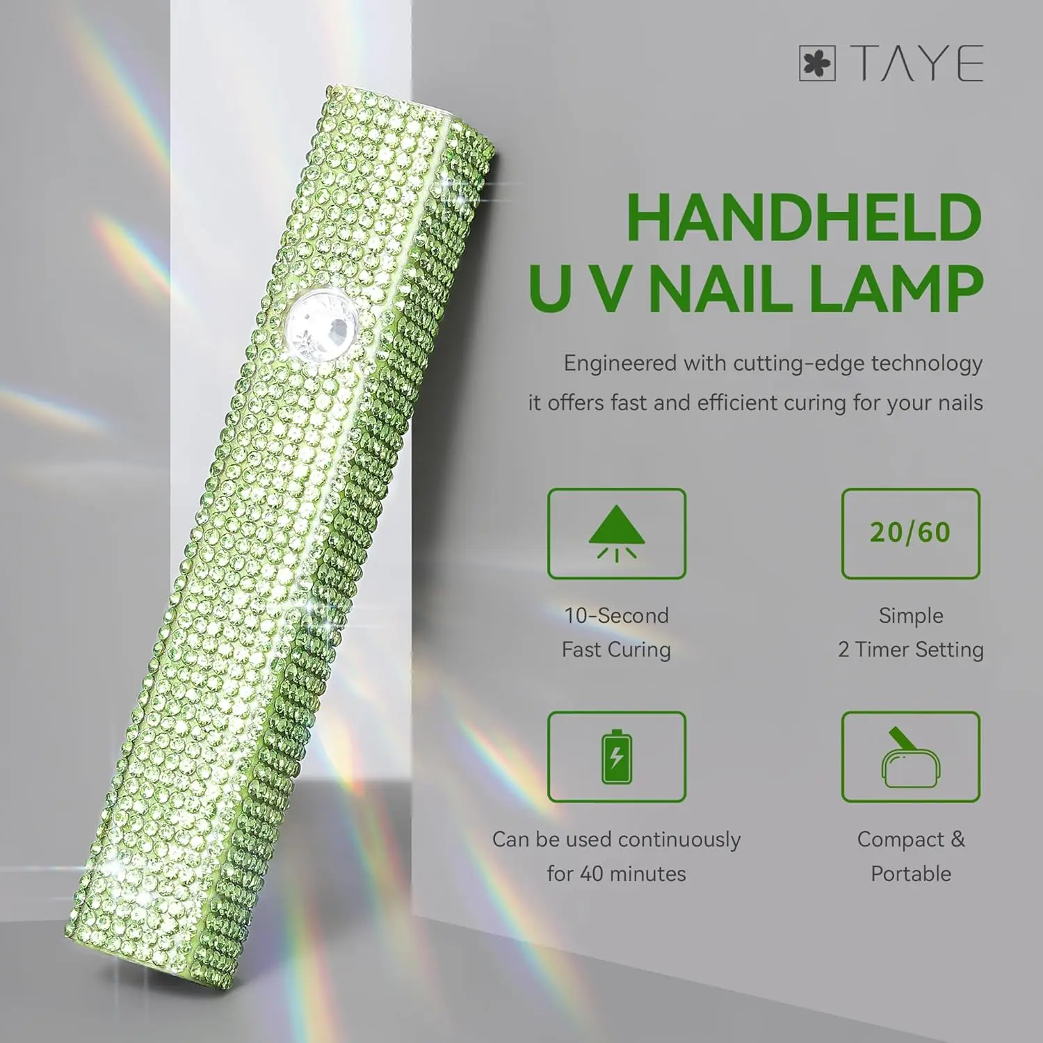 مصباح أظافر محمول بالأشعة فوق البنفسجية، ملصقات أظافر جل للأشعة فوق البنفسجية، معالجة سريعة، مجفف أظافر جل USB، ألماس أخضر شاحب