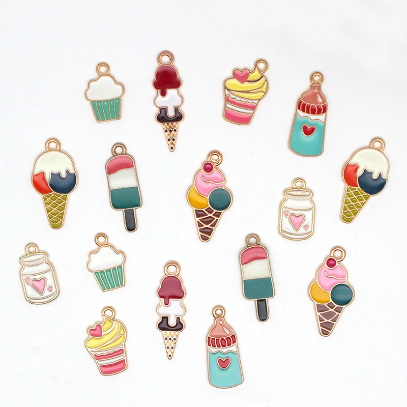 10pcs Alloy Simulation Food Dessert Dripping Oil Love Ice Cream/Cake/Bottle Necklace Pendant Suitable For Diy Earrings/Bracelets