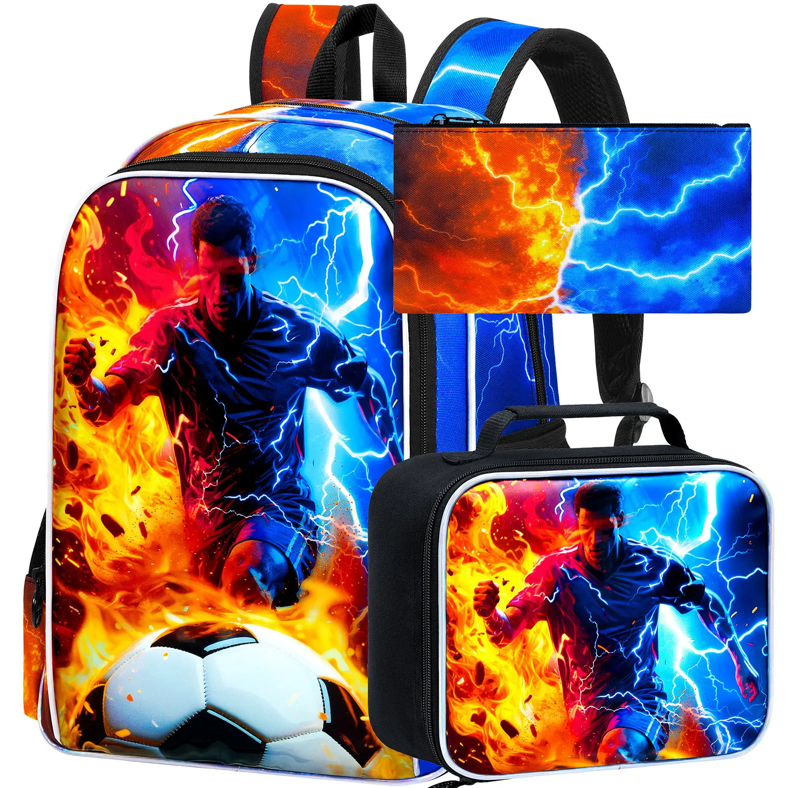 

3PCS Boys Soccer Backpack, Kids Bookbag with Lunch Box, 17" School Bag for Teenagers Elementary Middle