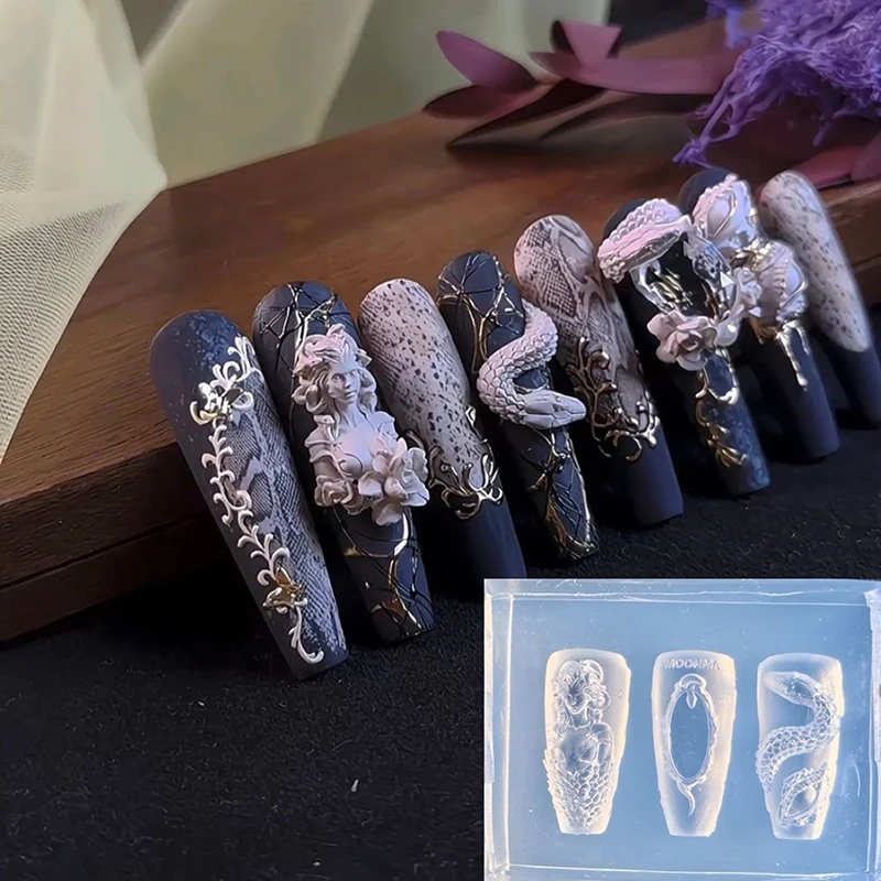 ＆1Pc 3D Snake Girl Nail Silicone Carving Mold Snake DIY Nail Decoration Art Nail Beauty Charm Silicone Nail Mold Nails Products