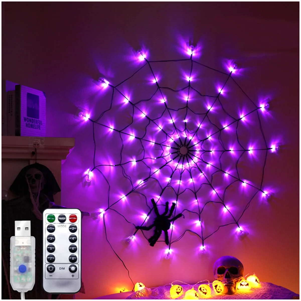 Halloween Spider Web Lights USB 8 Modes Spider Web Wall Net Lights for Scary Halloween Decoration Garland,B