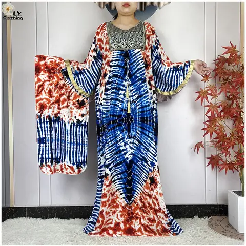 Nowa Abaja Damska Muzułmańska Sukienka z Rękawami Nietoperzowymi Luźny Szlafrok Czysta Bawełna Tie-dye Dubajski Kaftan Islamska Sukienka Maxi Afrykańskie Ubrania Vintage