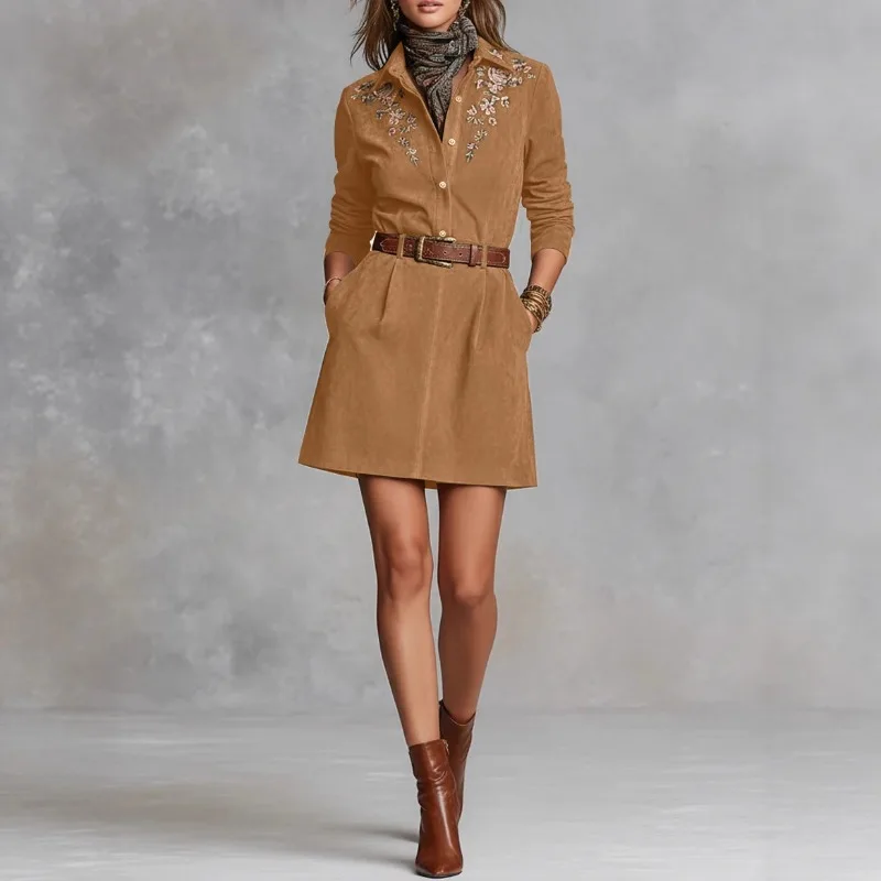 Herbst Y2K Damen bestickte Wildleder Hemdkleider Partykleid Vintage Western Cowboy Kleidung lose lässige Streetwear mit Gürtel