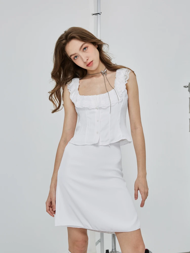 Dress Suit Women's White Slim-Fit Fashionable Chiffon Lace Vest Cardigan Flounce Bow Low Waist Fishtail Skirt Simple All-Match