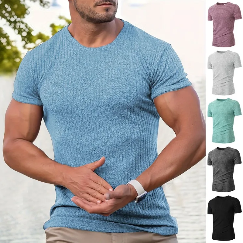 

"Men's Striped T-Shirt Summer Sport Fitness Casual Stretch Breathable Round Neck Tee Active Short Sleeve Lightweight Top"
