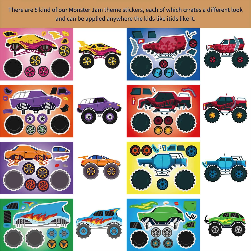 8/16Sheets Children Monster Truck Puzzle Stickers Make Your Own Kids Boys Party Favors DIY Decoration Toys Games Assemble Jigsaw