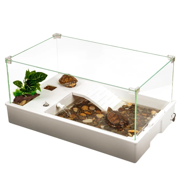 Home Use Glass & Plastic Pet Box Turtle Tank  Reptile Feeding Aquarium with Non-Slip Climbing Ramp for All Turtle Species