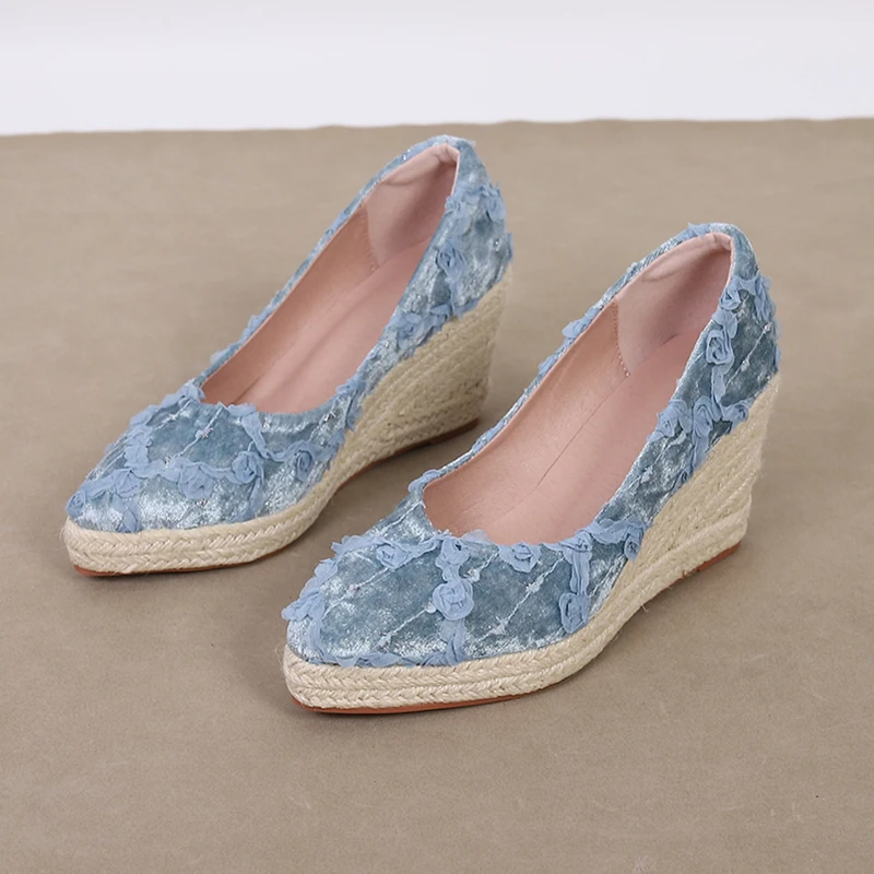 

ZOOKERLIN Suede Wedges Shoes For Women Pumps Pointed High Heels Platform Espadrilles Shoes Same As Princess Rattan Grass Weave