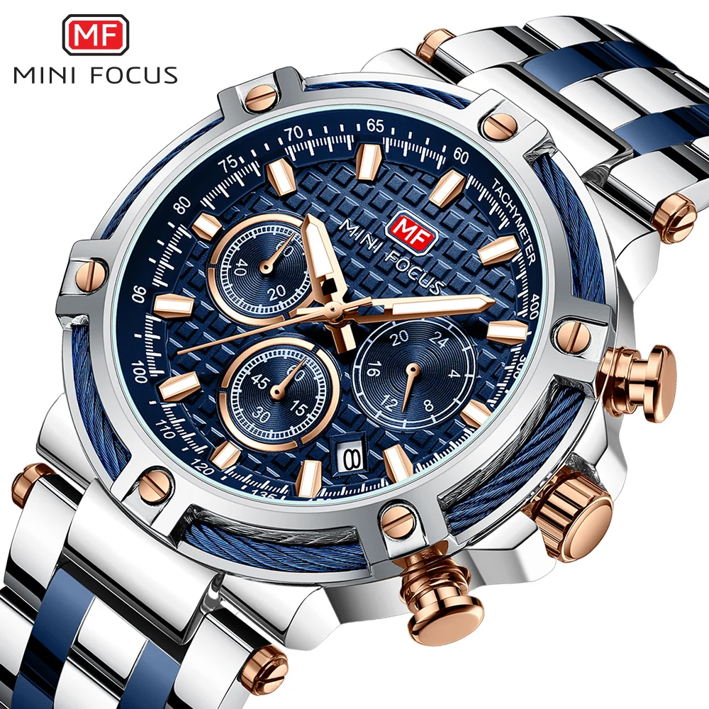 MINIFOCUS New Fashion Men‘s Watches Stainless Steel Top Brand Luxury Sport Chronograph Quartz Luminous WithWatch for Men 24-hour