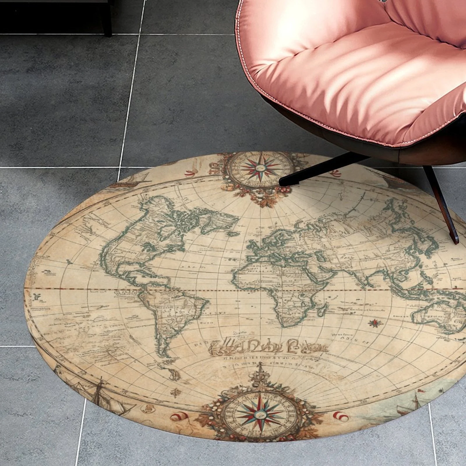 Large Round Vintage World Map Poster Style Global Antique Navigation Rug Area Mat Polyester Carpet Decor for Living Room Bedroom