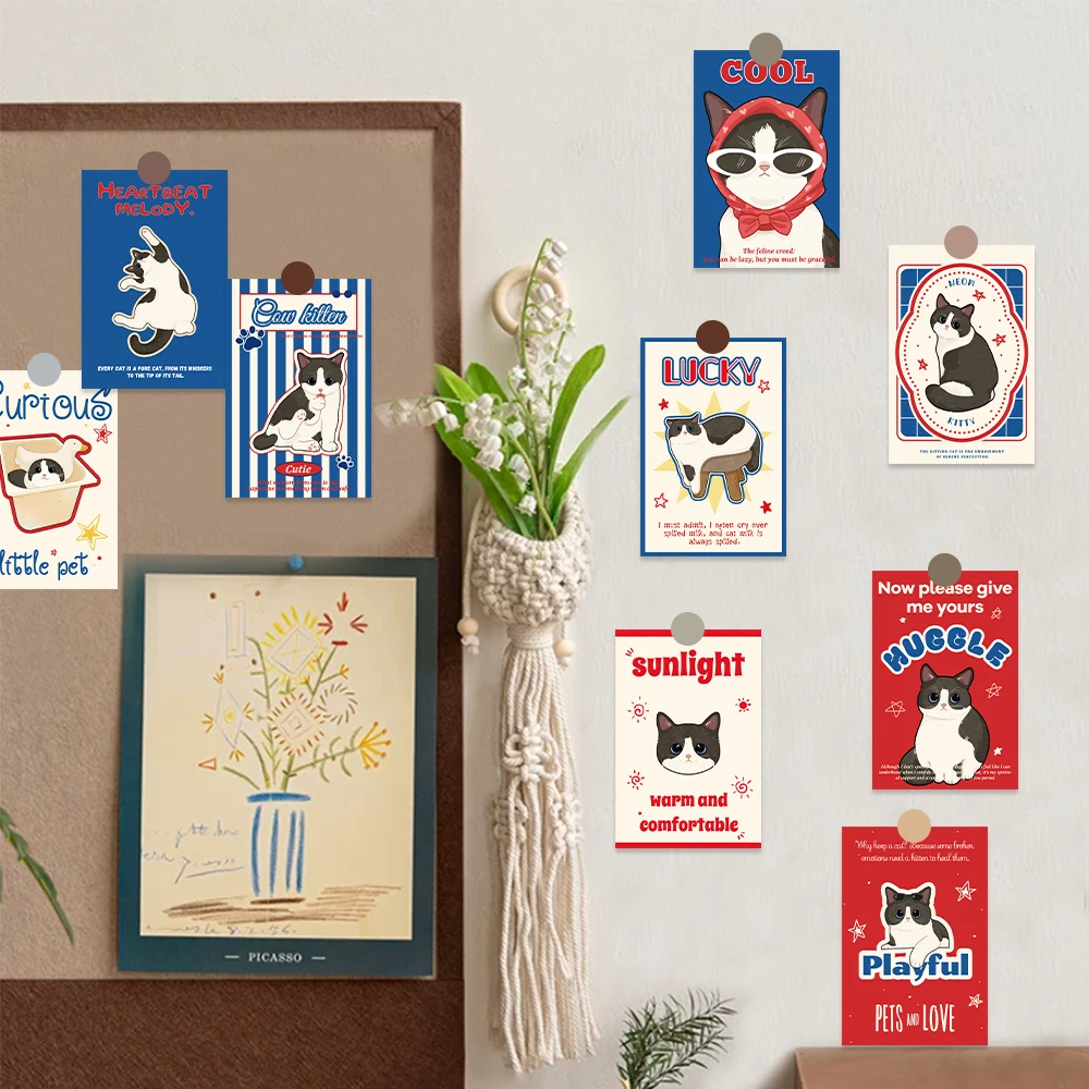 10-Pack of Cute Cow and Kitten Cards Cartoon-Style Premium Decorative Wall Stickers for Dorms and Bedrooms