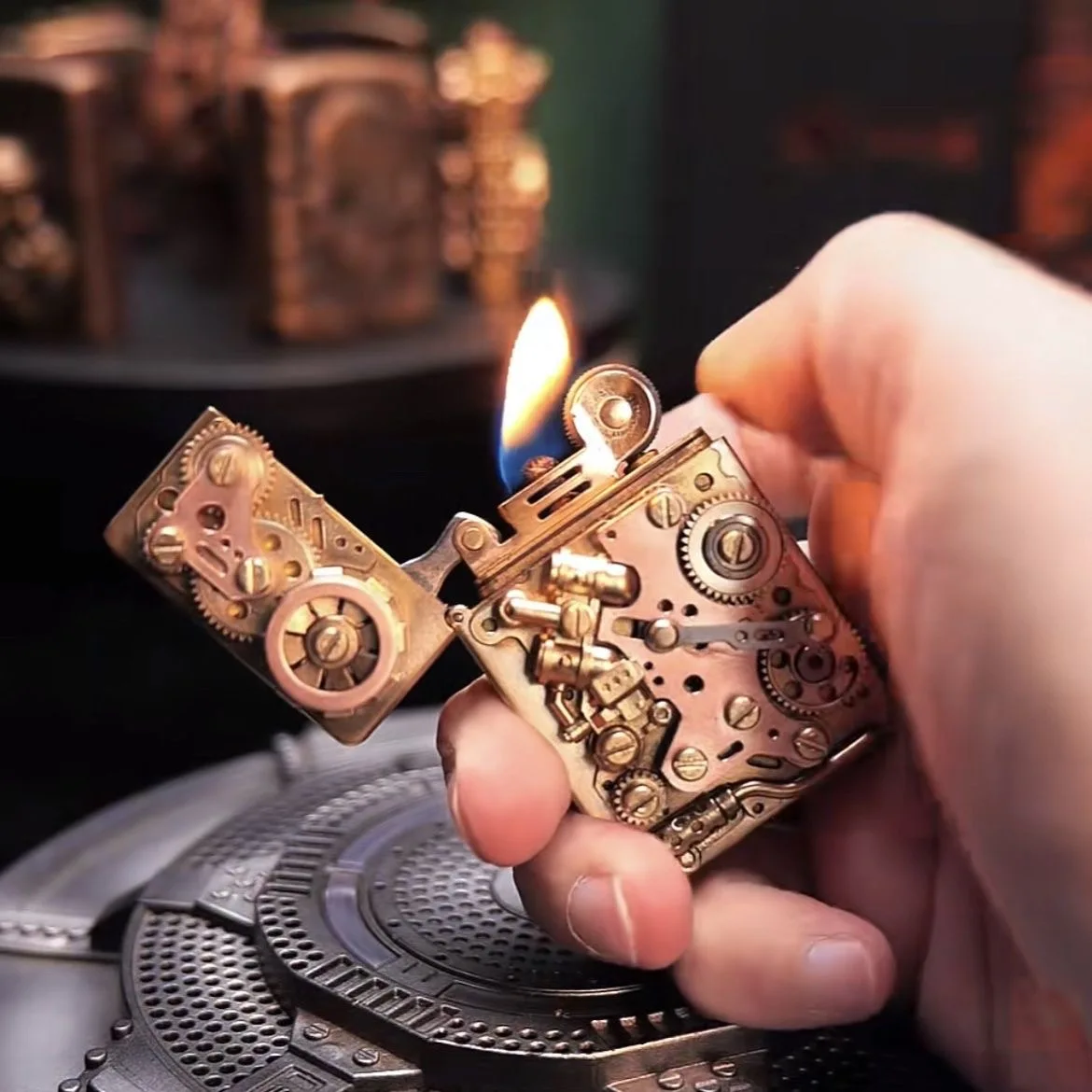 2026 New brass mechanical punk ultra-thin fuel lighter, portable steampunk lighter, cigarette accessories, men's gift