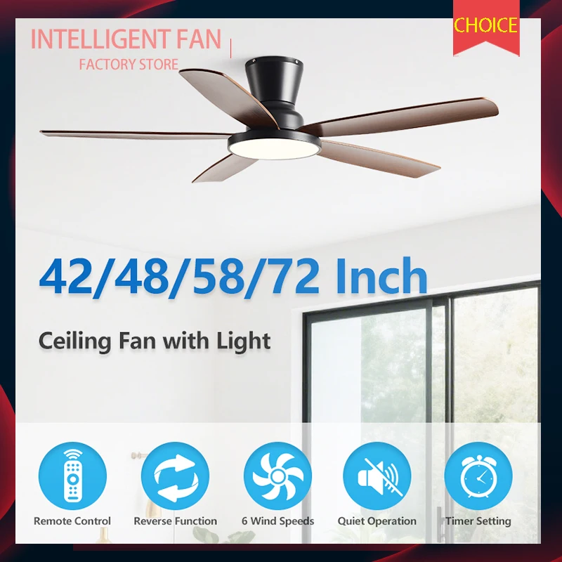 

42/48/58/72in Large-sized Ceiling fan lamp, With 60w bright LED, Flat-mounted Five-blade，Living Room/OfficeDC high-power motor