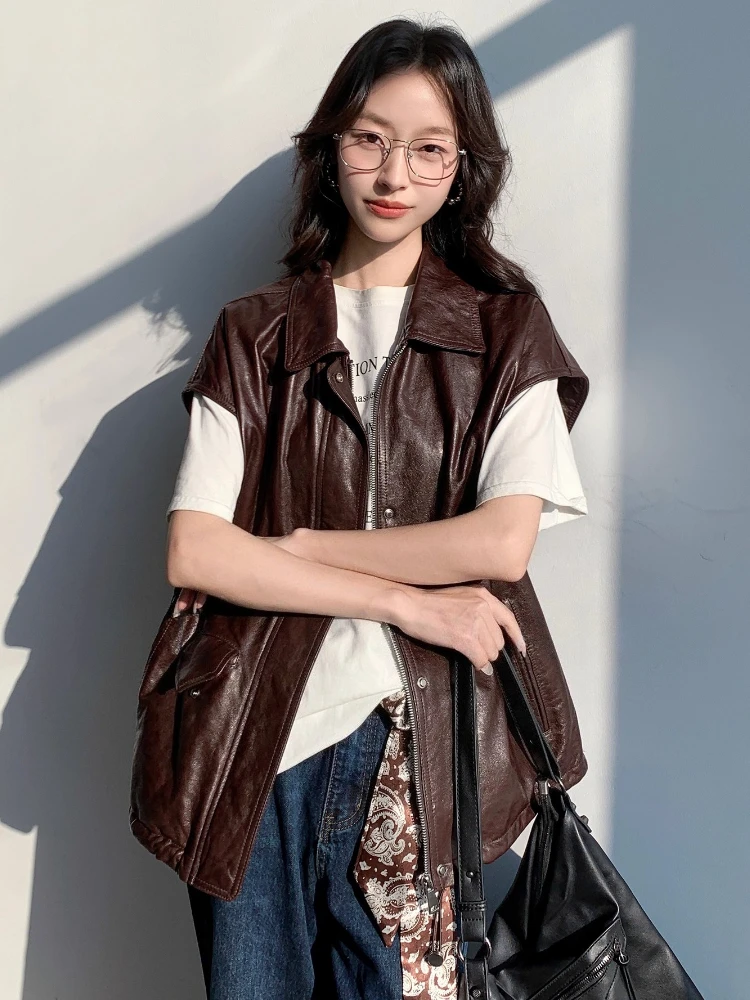 Casual Echtes Leder Ärmellose Weste Jacken für Frauen Frühling Herbst High-end-Einfache Feste Weiche Öl Wachs Echt Schaffell mantel