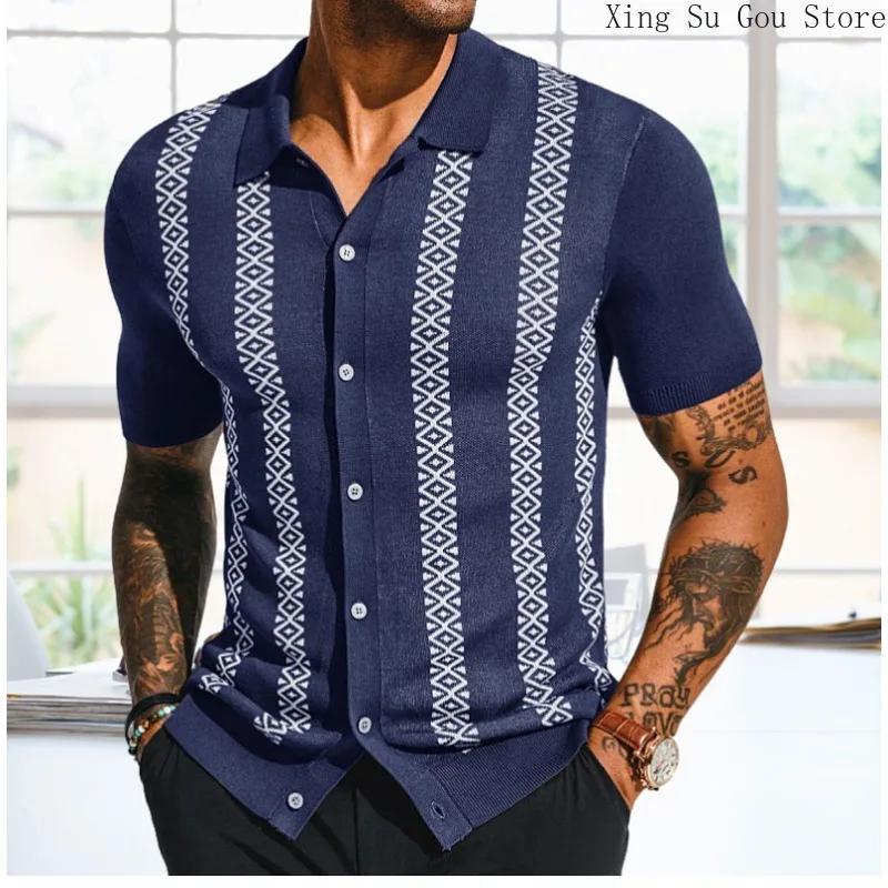 Men's Summer Casual Lapel Print POLO Shirt Top Men's Summer New Jacquard Knit Short Sleeve