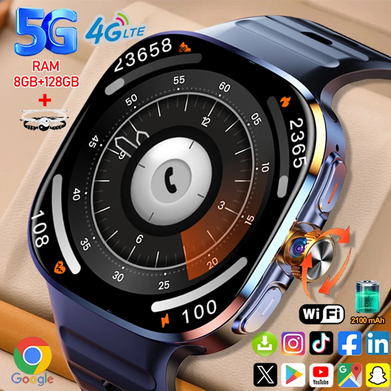 

5G/4G Смарт-часы 2,40 дюйма 720*720 AMOLED HD 900 Вт Часы с камерой 8 ГБ + 128 ГБ ОЗУ 2100 мАч GPS WIFI Google APP Smartwatch Android 9.0