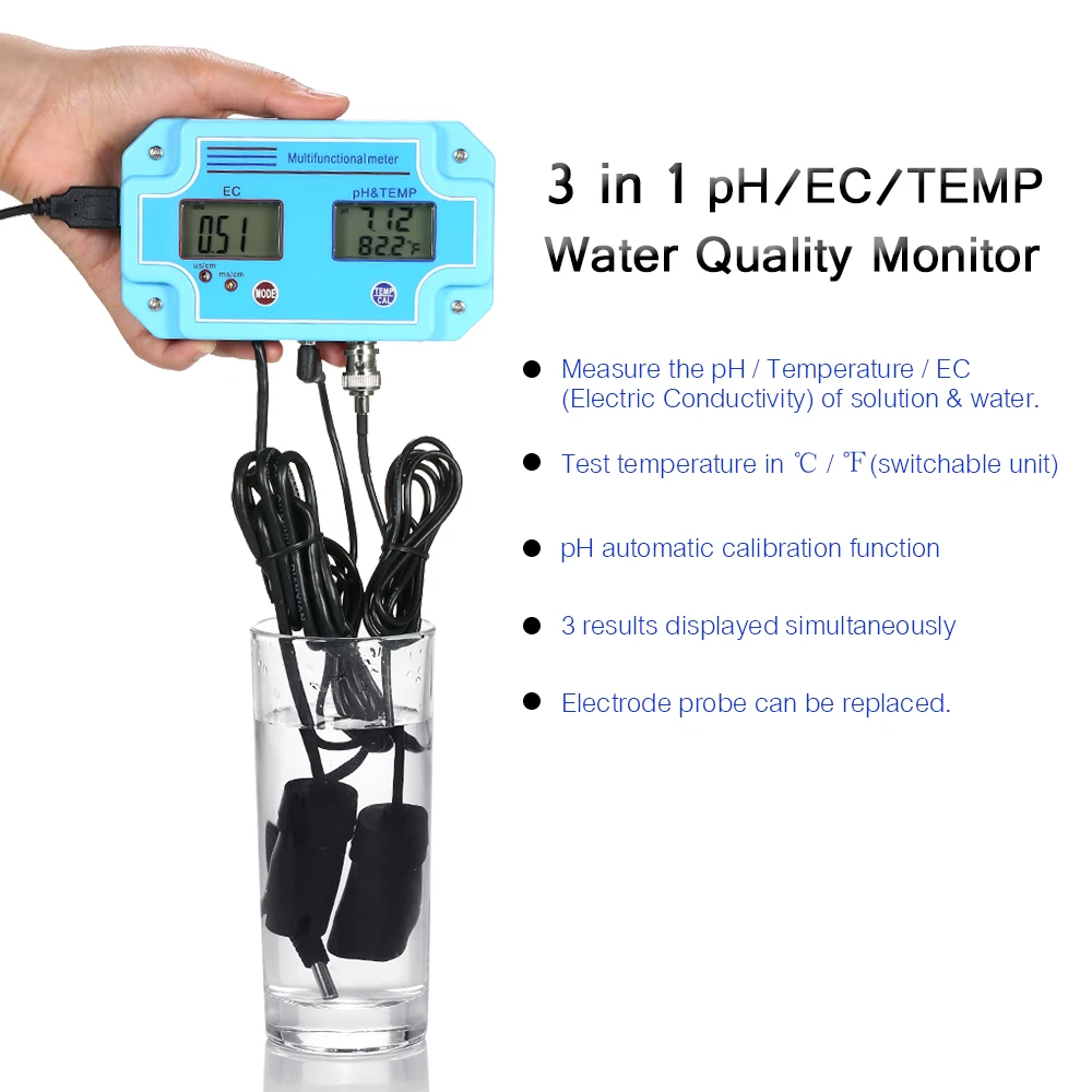 3 in 1 pH/EC/TDS/TEMP Meter rilevatore d\'acqua Multi-parametro Digital Tri-Meter Monitor multifunzione della qualità dell\'acqua