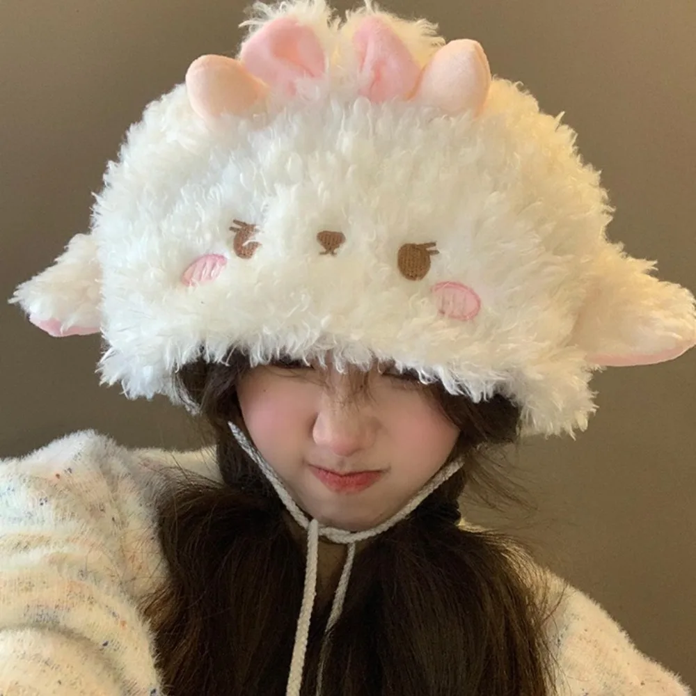 Korean Style Soft Sheep Ear Bucket Hat Lolita Cute Dome Hat Sweet Fluff Brimless Beanie Cap Outdoor