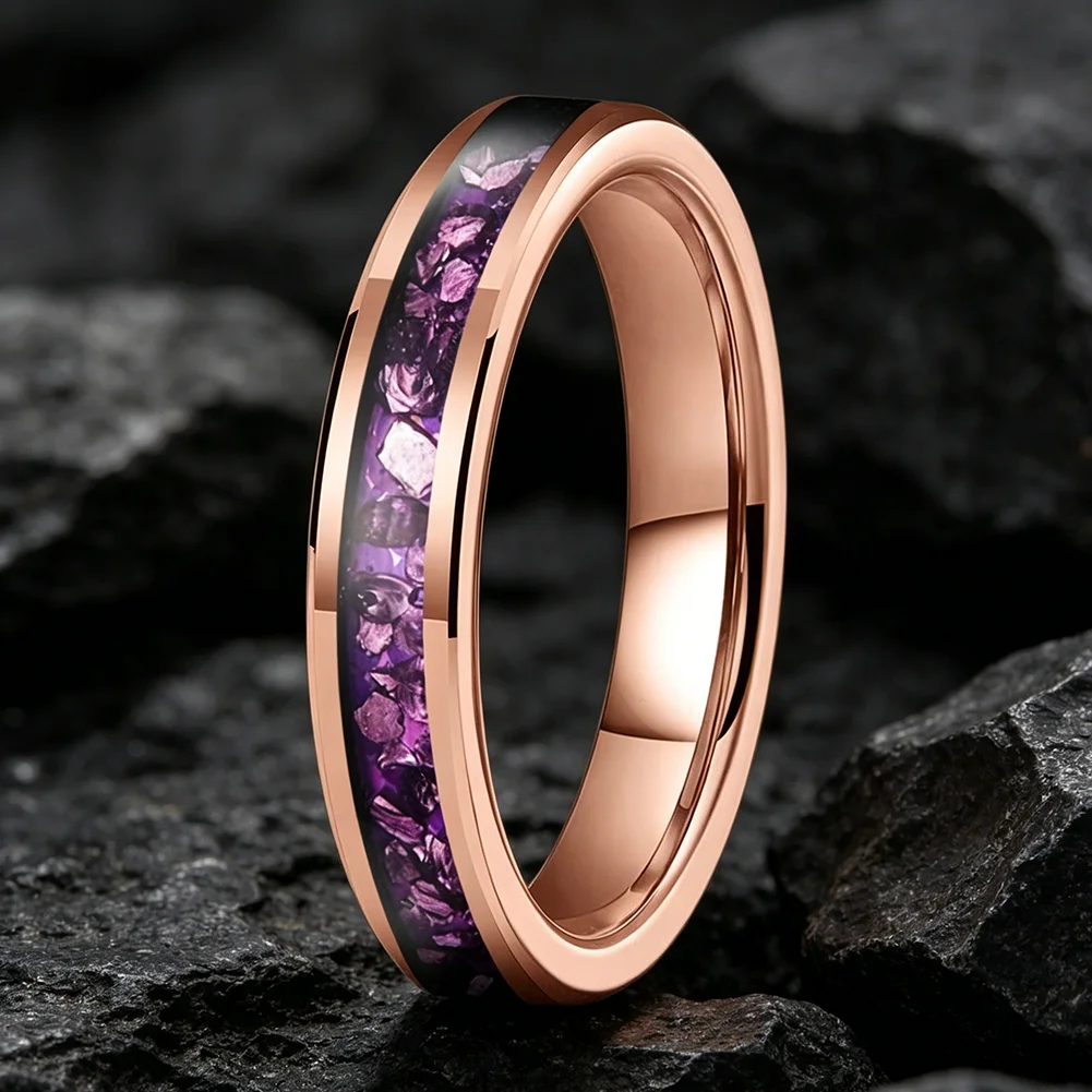 4mm Wolframringe mit Lila Edelstein-Einlage, Modeschmuck, Verlobungs- und Eheringe für Männer und Frauen, Poliert Glänzend, Komfortabler Sitz – Detail 3