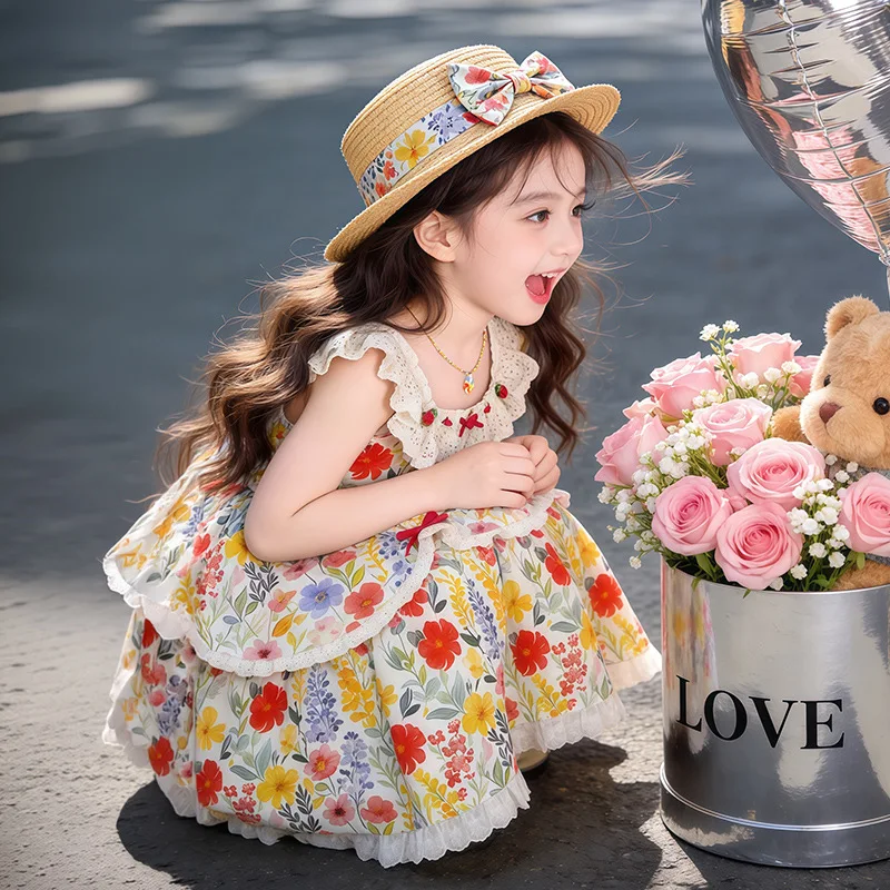 Girls' summer floral dress 2026 new children's lace countryside style cotton dress