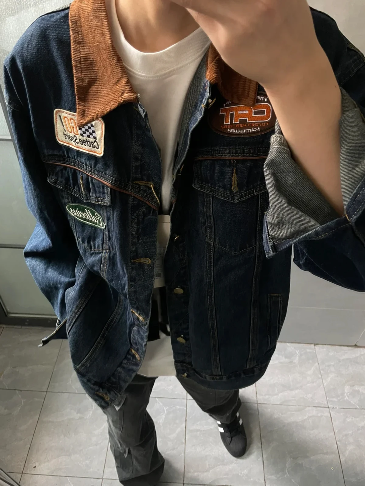 

Retro American Splicing Denim Jaet Loose Casual Vintage Motorcycle Jaet for Men And Women Spring Autumn Waed Jeans