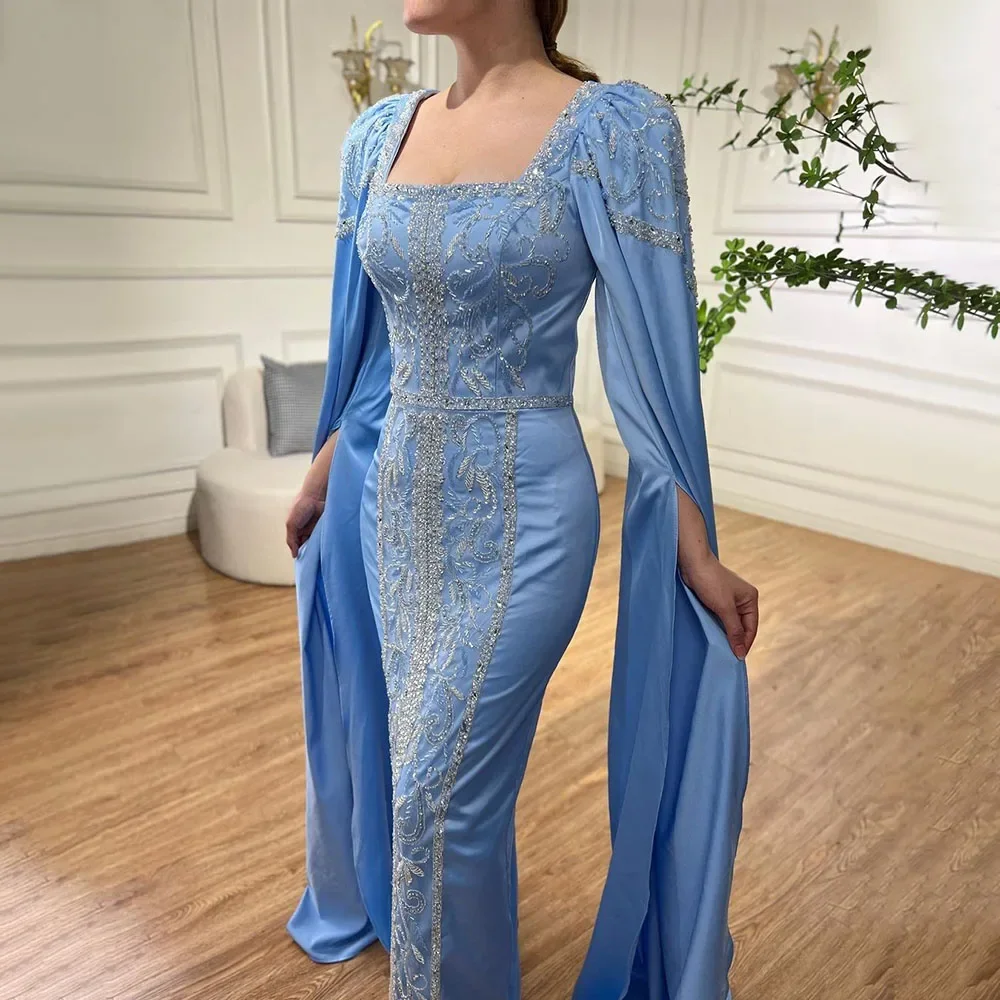 Serene Hill Customized Blue Square Collar Cape Sleeves Mermaid Beaded Satin Evening Dresses Party Gowns 2025 For Women DLA72050