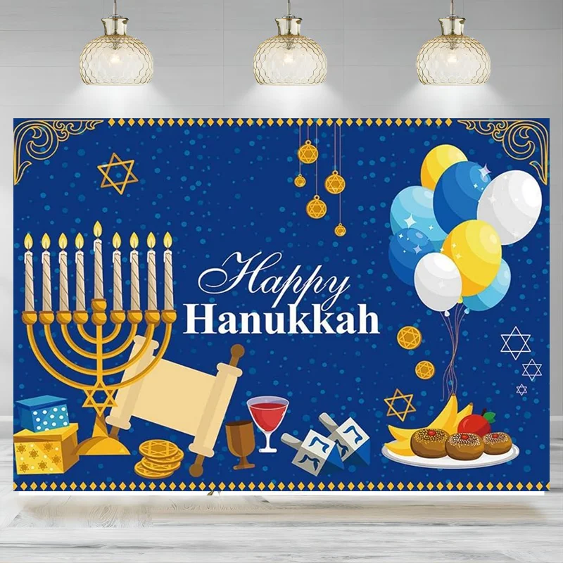 Hanukkah Background Photography Blue Gold Jewish Theme Party Backdrop Photo Candle Balloon Decoration Jewish Supplies Banner