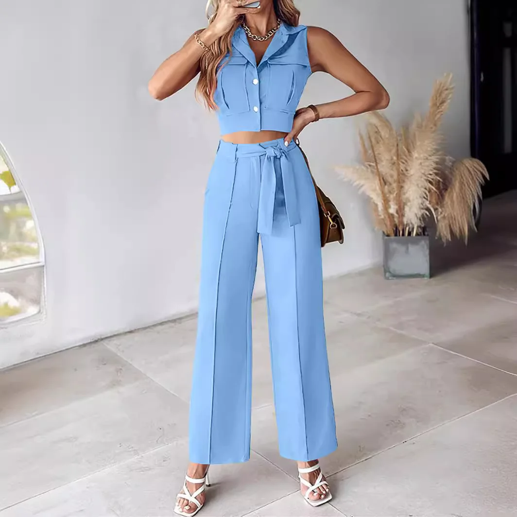 Fashion Solid Suit For Women Elegant Lapel Single Breasted Sleeveless Top Lace Up Straight Trousers Two Piece Set Summer New