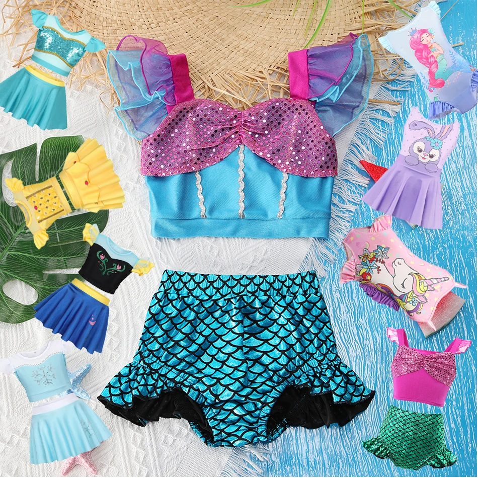 Mermaid Ariel Swimsuit for Baby Girl Minnie Mouse Swimwear 2PCS Set Princess Snow White Rapunzel Bikini Beach Dress Child