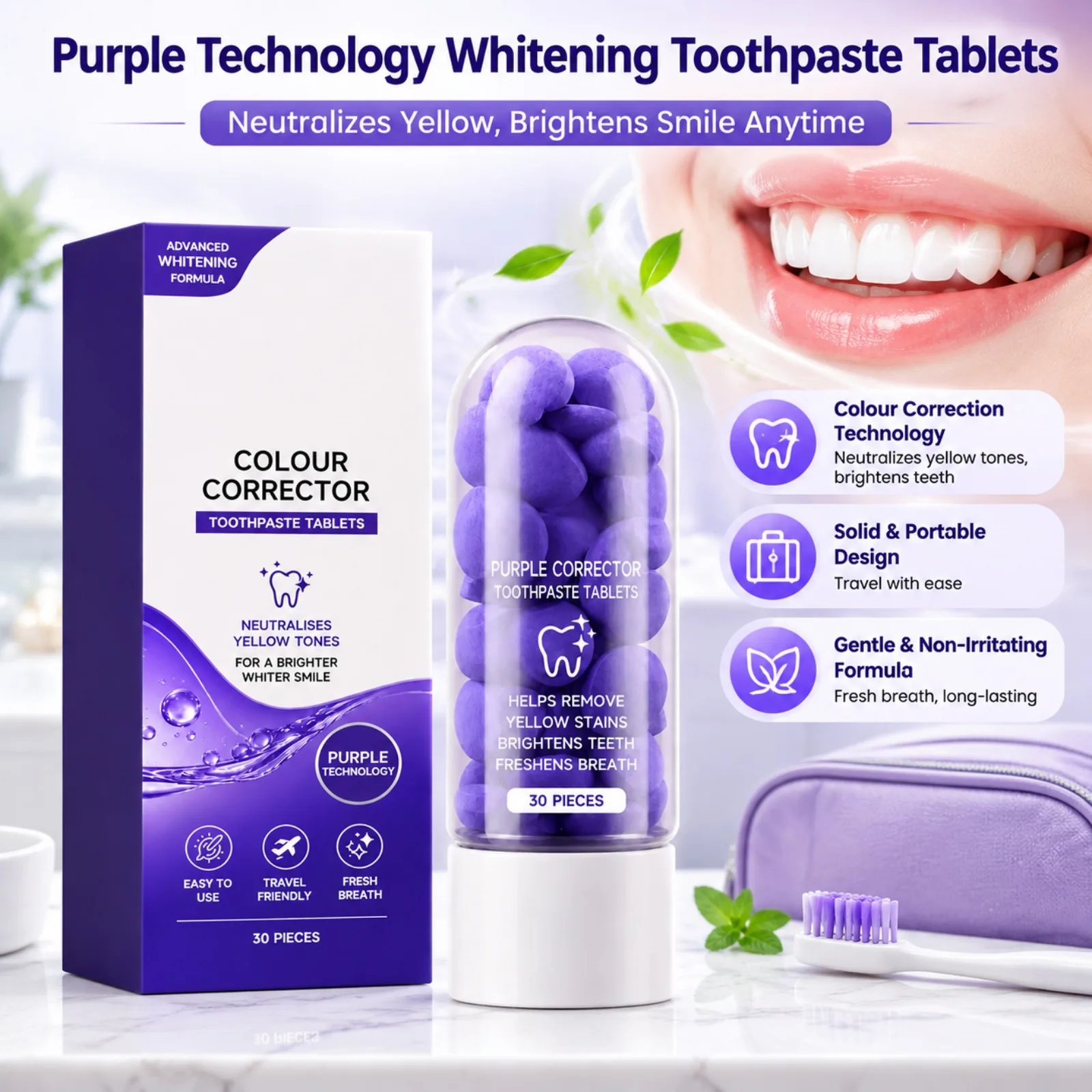Purple Toothpaste Tablets Colour Corrector Surface Stain Neutralises Yellow Tonesfor a Brighterwhiter Smile Oral Care