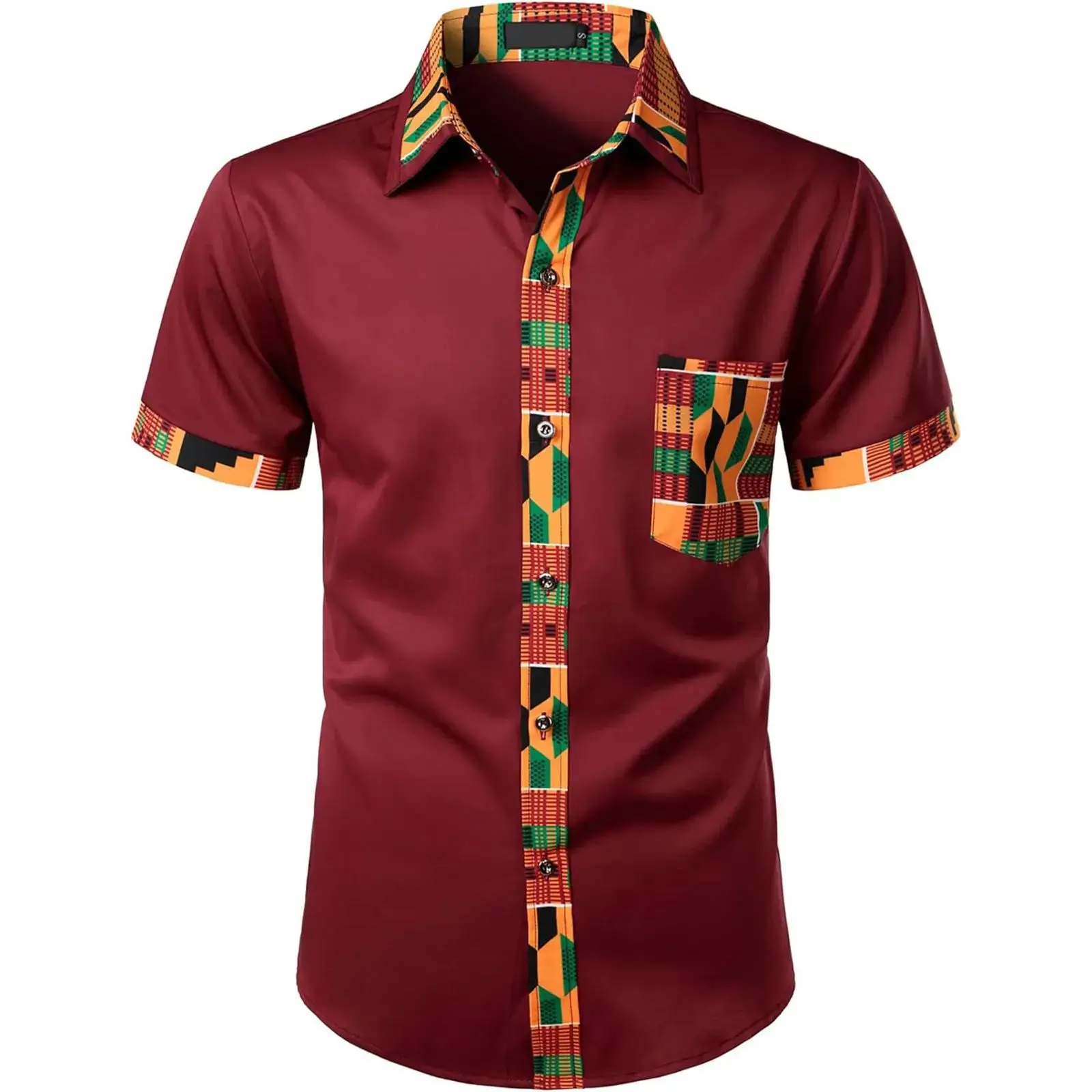 Summer Men's Shirts Plaid Pockets Vintage African Printed Patchwork Short Sleeve Button Up Shirt For Men Casual Dress Shirts Top