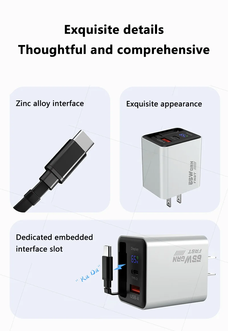 65W Digital-Display-Ladegerät, Multi-Port-Ladeadapter, US- und UK-Stecker, einziehbares Kabel, GaN-Schnellladegerät für Apple-Geräte – Detail 9