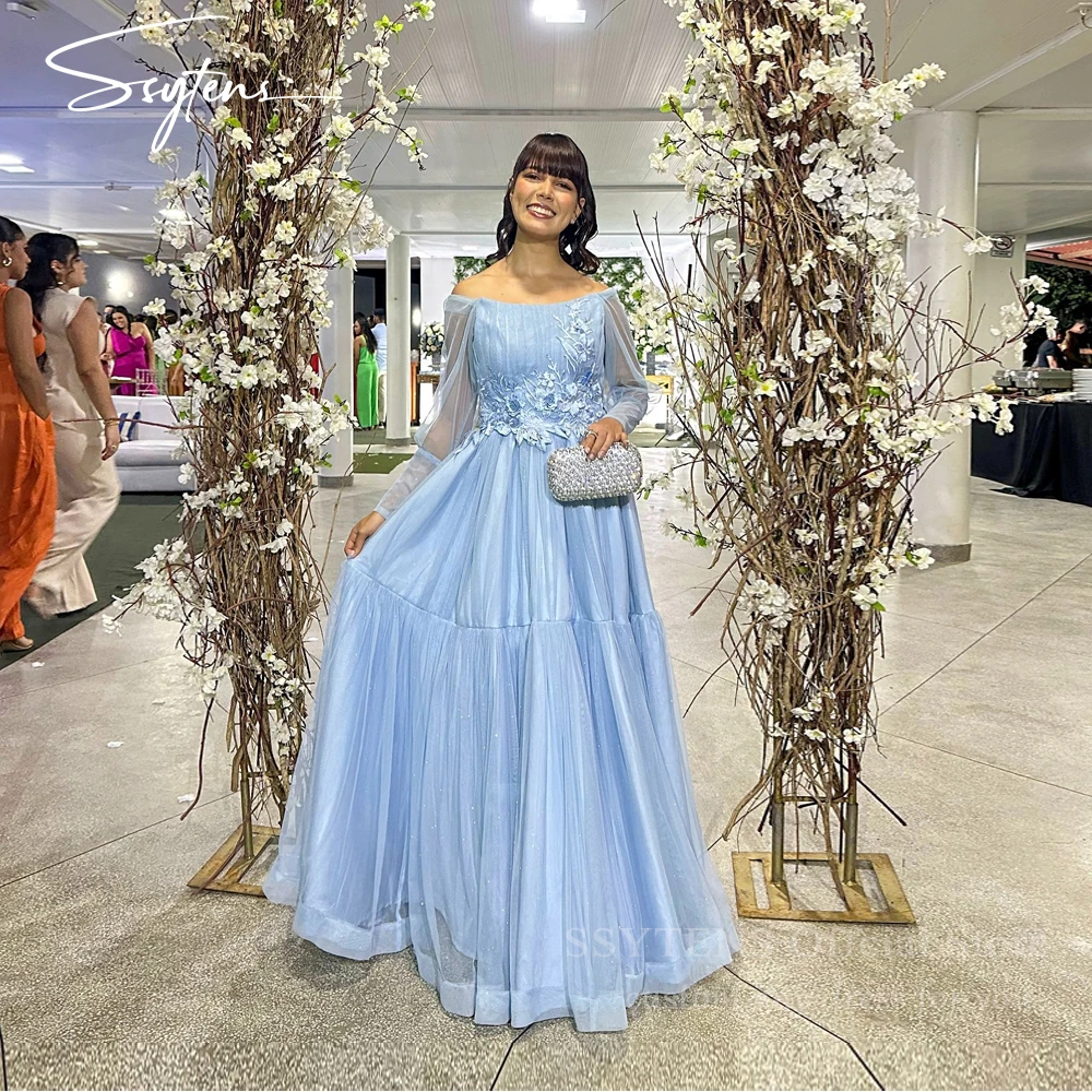 SSYTENS Blue Tulle Wedding Evening Dresses Off The Shoulder Formal Occasion Dress Appliques Women Elegant Prom Gowns Customized