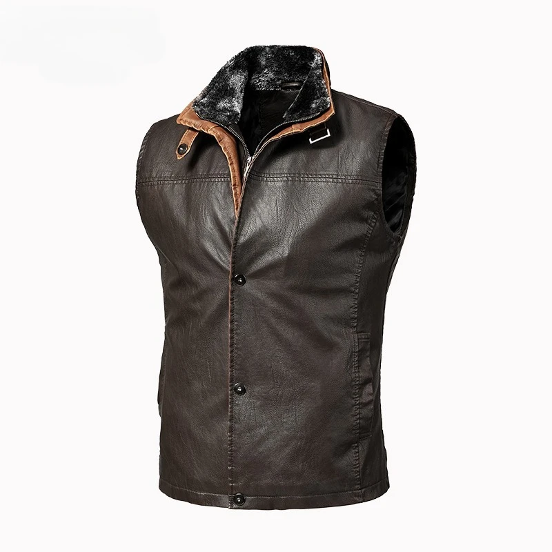 

Men Winter Leather Vests Sleeveless PU Leather Jacket Vest Single Breasted Coat Stand Collar Pockets High Street Spliced Buttons